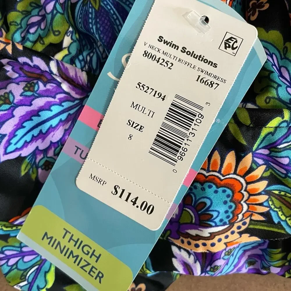 Swim Solutions Women's Floral Boho Play V-Neck Multi Ruffle Swim Dress sz 8